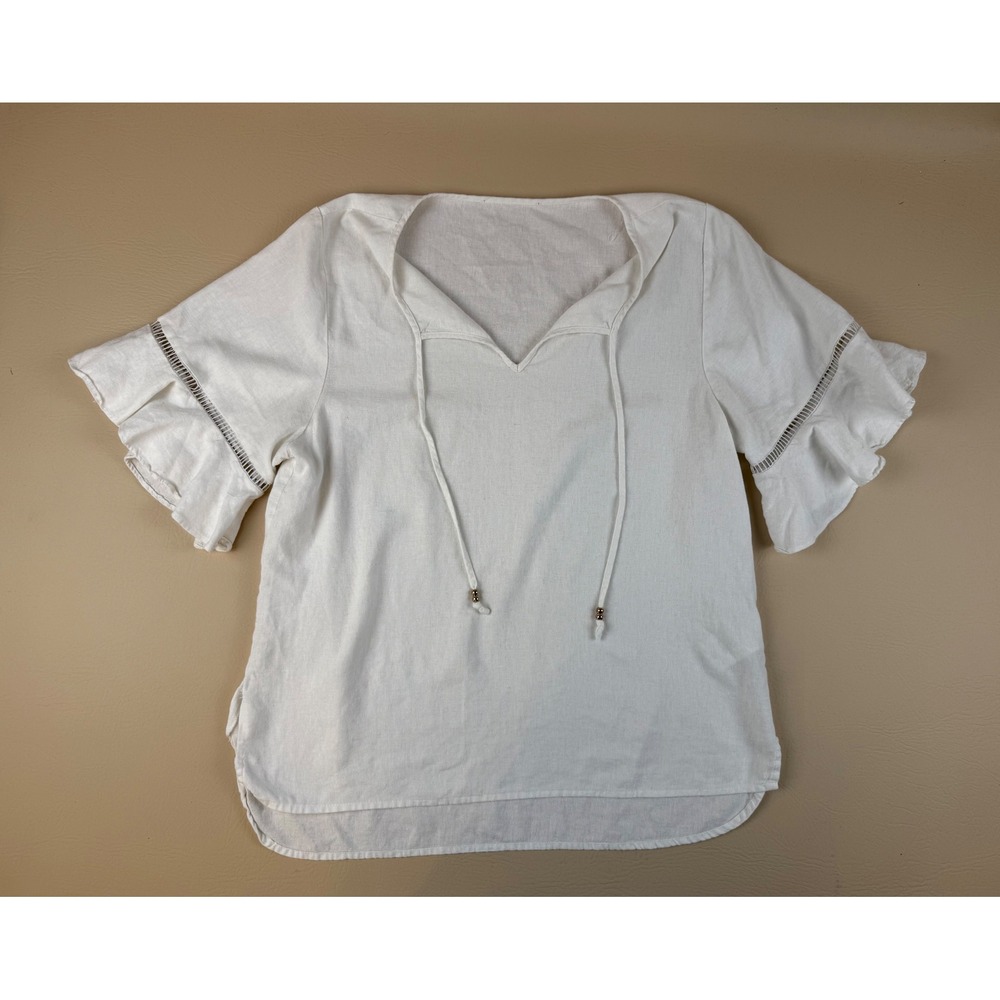 Coastal Boho Linen Blouse Ruffle Crochet Sleeve White M Thread Collective